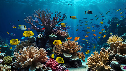 Underwater with Colorful Sea Life, Fishes, and Plants at Seabed Background: Vibrant Coral Reef Landscape in the Deep Ocean. Marine Life Concept, Underwater World Scene.