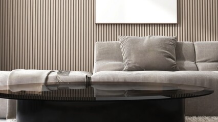 Close up of amber glass coffee table with beige fabric sofa, brown wood panel wall in sunlight for luxury, modern interior design decoration, product background 3D