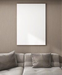 Blank large white poster frame on beige wood panel wall in luxury, modern, formal living room with gray sofa in sunlight for photo, art, mural, painting template background 3D © Sue Tansirimas