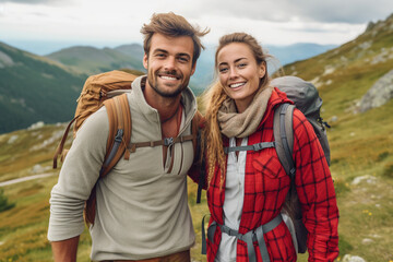 Cheerful couple enjoying hike together in nature with backpacks and smiles