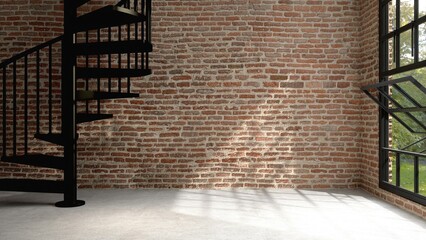 Old Industrial loft red brick wall in empty room, polished cement concrete floor, spiral staircase in sunlight from black frame awning window for interior design decoration, product background 3D