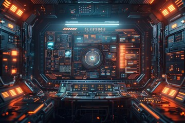 Fototapeta premium Futuristic spaceship interior with glowing control panel and digital displays.