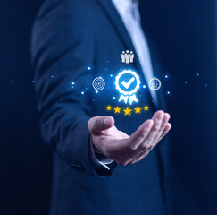 Businessman holding quality certification mark, audit, business, assurance, control, digital, service, complete, assessment, checklist, data with quality icon