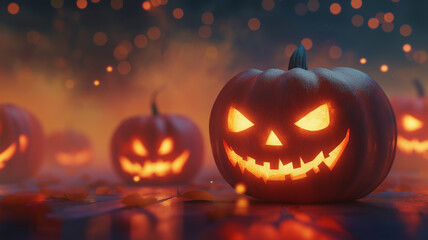 Fototapeta premium Happy halloween banner with scary pumpkin head burning candles.