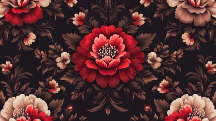 Floral Seamless Pattern  Red and Beige Flowers  Dark Background