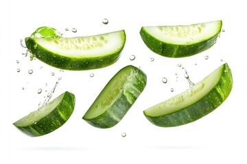 Flying cucumber has water drop with slices collection isolated on white background, ai