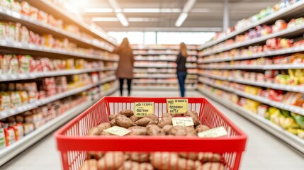 Fototapeta premium Inflation crisis effects on consumer behavior shown with shoppers looking shocked at high prices in a grocery store empty shelves