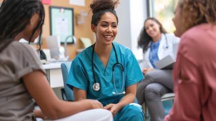 A nurse in scrubs interacting with patients in a clinical setting.