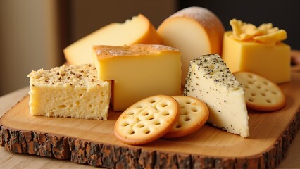 A rustic breadboard with assorted cheeses and crackers