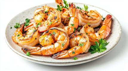 Grilled shrimps served on a white plate