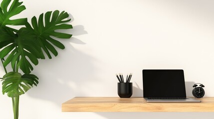 Fototapeta premium Minimalist home office setup sleek laptop on wooden desk large green plants modern workspace soft natural lighting productive home office stylish desk home office décor clean and simple workspace natu