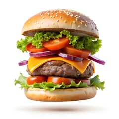 a perfectly crafted falling hamburger with floatin