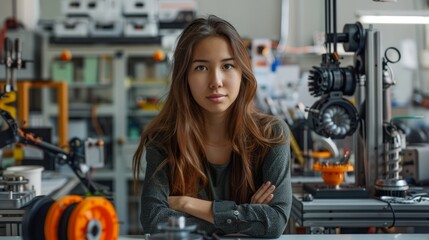 A portrait of a young, female engineer, surrounded by 3D printed objects and metal components, looking confident and determined 