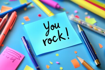 Bright Sticky Note with "You Rock!" Surrounded by Colorful Pens and Confetti. Motivational scene perfect for encouragement or celebration.