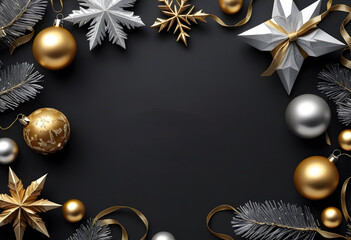 Christmas banner with Xmas decoration, shiny balls, bells, deer and stars on black background with copy space.
