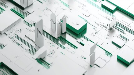 Abstract 3D background with white geometric shapes and green lines.
