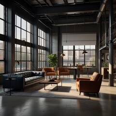 Modern industrial living space for office interiors with exposed metal and concrete textures