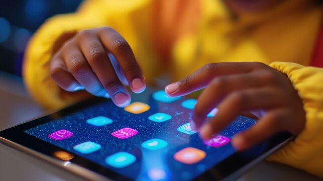 A close-up of a classroom tablet showing an educational app, with a student interacting through touch gestures, emphasizing technology-driven learning