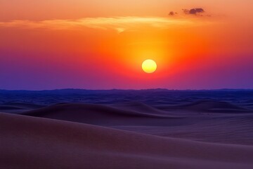 Fototapeta premium Sunset over the desert of Saudi Arabia wide view, ai