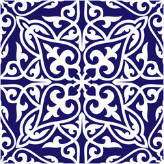 Ceramic tile stylization with blue white ornament. Geometric Seamless Pattern Arabesque blue and white. Azulejos portugal, Turkish ornament, Moroccan tile mosaic, Talavera ornament, patchwork
