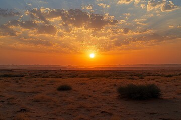 Obraz premium Sunset over the desert of Saudi Arabia wide view, ai