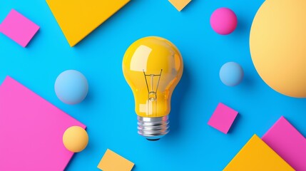 Colorful creative concept with yellow light bulb surrounded by geometric shapes on vibrant background.