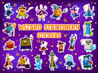 Fototapeta premium Stickers pack for cartoon school education of Halloween wizards and mags, vector characters. Halloween holiday school stationery stickers, funny ruler and pen in wizard hat or book with magic wand