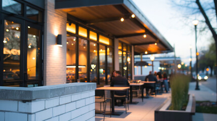 Inviting modern restaurant glows at dusk. Trendy urban eatery with warm interior lights and outdoor seating captivates passersby, offering cozy dining experience in bustling city setting