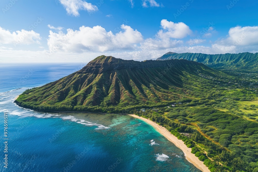 Wall mural Aerial view of Koko Head and mountain landscape overlooking ocean and beach, Hawaii, United States , ai