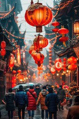 Naklejka premium Chinese ancient architecture. Hanging red lanterns