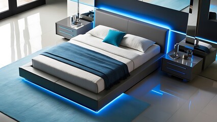 Aerial view Luxury bright bedroom design, modern white bed and elegant home accessories on pastel wall background