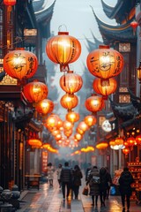 Fototapeta premium Chinese ancient architecture. Hanging red lanterns