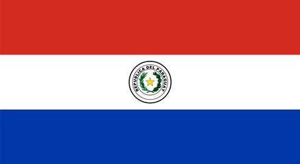 Obraz premium National Flag of Republic of Paraguay, An horizontal triband of red, white and blue, defaced on the obverse with the coat of arms of Paraguay, and on the reverse by the reverse side of the arms