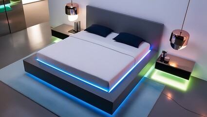 Aerial view Luxury bright bedroom design, modern white bed and elegant home accessories on pastel wall background