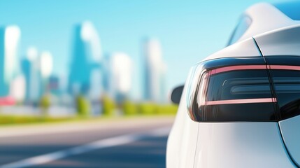 Obraz premium A sleek electric car parked in an urban setting, showcasing a blurred cityscape in the background and modern design elements.