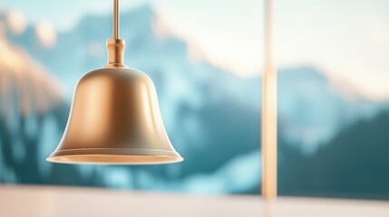 Obraz premium Elegant bell hangs gracefully in a serene setting, capturing the beauty of simplicity against a blurred mountain backdrop.
