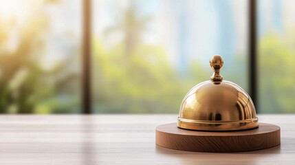 A close-up of a shiny golden service bell on a wooden base, symbolizing hospitality and welcoming service in a bright room.