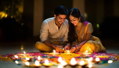 Smiling young indian couple in traditional clothing lighting brass hanging oil lamp during Diwali festival. Family traditional Diwali holiday celebration. 