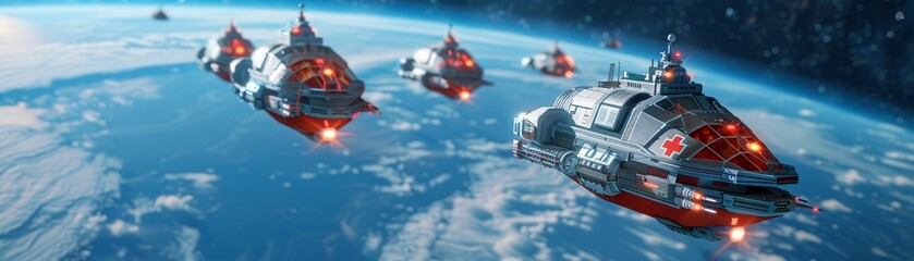 Floating buildings suspended in the atmosphere of a distant planet, surrounded by swirling clouds and glowing energy fields, creating a vision of advanced space colonies