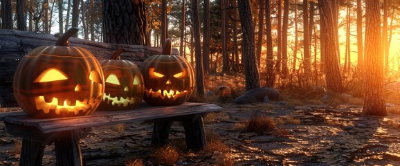 Sinister forest sunset on Halloween, ghostly chartreuse glowing eyes of Jack O' Lanterns by a wooden bench. Empty space for text.
