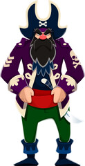 Cartoon pirate or shipman skipper character with beard in tricorne hat, vector angry corsair. Old pirate skipper or boatswain corsair and filibuster man in captain with crossbones and saber swords