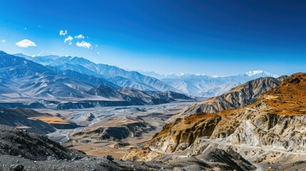 A breathtaking mountain landscape with diverse terrain and clear skies