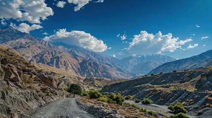 A breathtaking mountain landscape with diverse terrain and clear skies