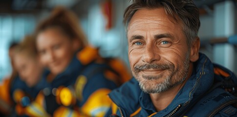 firefighter training mature male officer in blue and yellow uniform classroom emergency service technician personnel learning confident professional firefighter monitor crew