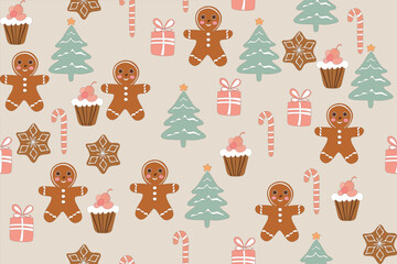 Hand Drawn Christmas Seamless Vector Pattern. Cute Christmas Elements On creamy Background. Simple Style Design Ideal For Textile, Wallpaper, Fabric Prints Or Wrapping Paper, American