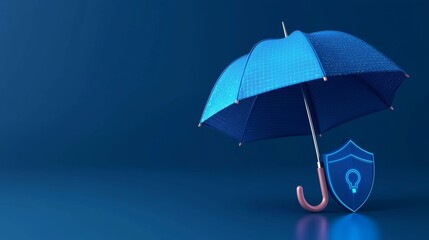 Digital umbrella with a shield icon representing security and protection in a blue environment. Concept of safety, insurance, and technology.