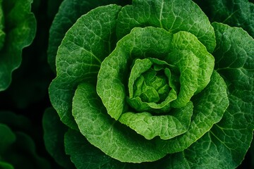 Fototapeta premium A cinematicstyle photograph of a green vegetable with intricate folds surrounded by vegetables in shades of mint forest green and teal The vegetables are densely packed in a compact arrangement with m