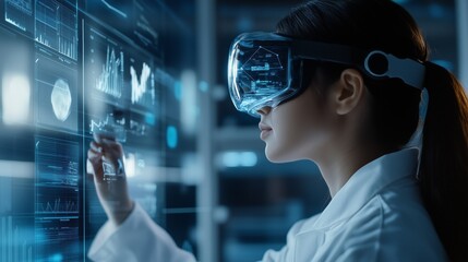 Scientist observing data through augmented reality interface, futuristic technology visualization. AI generated