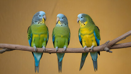 Obraz premium green and blue parakeets sitting on a branch looking at each other with a brown background,