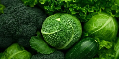 Fototapeta premium A cinematicstyle photograph of a green vegetable with intricate ridges and a matte surface surrounded by vegetables in shades of emerald olive and lime green The vegetables are densely arranged creati
